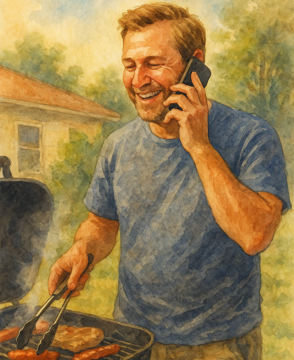 Man grilling while on the phone