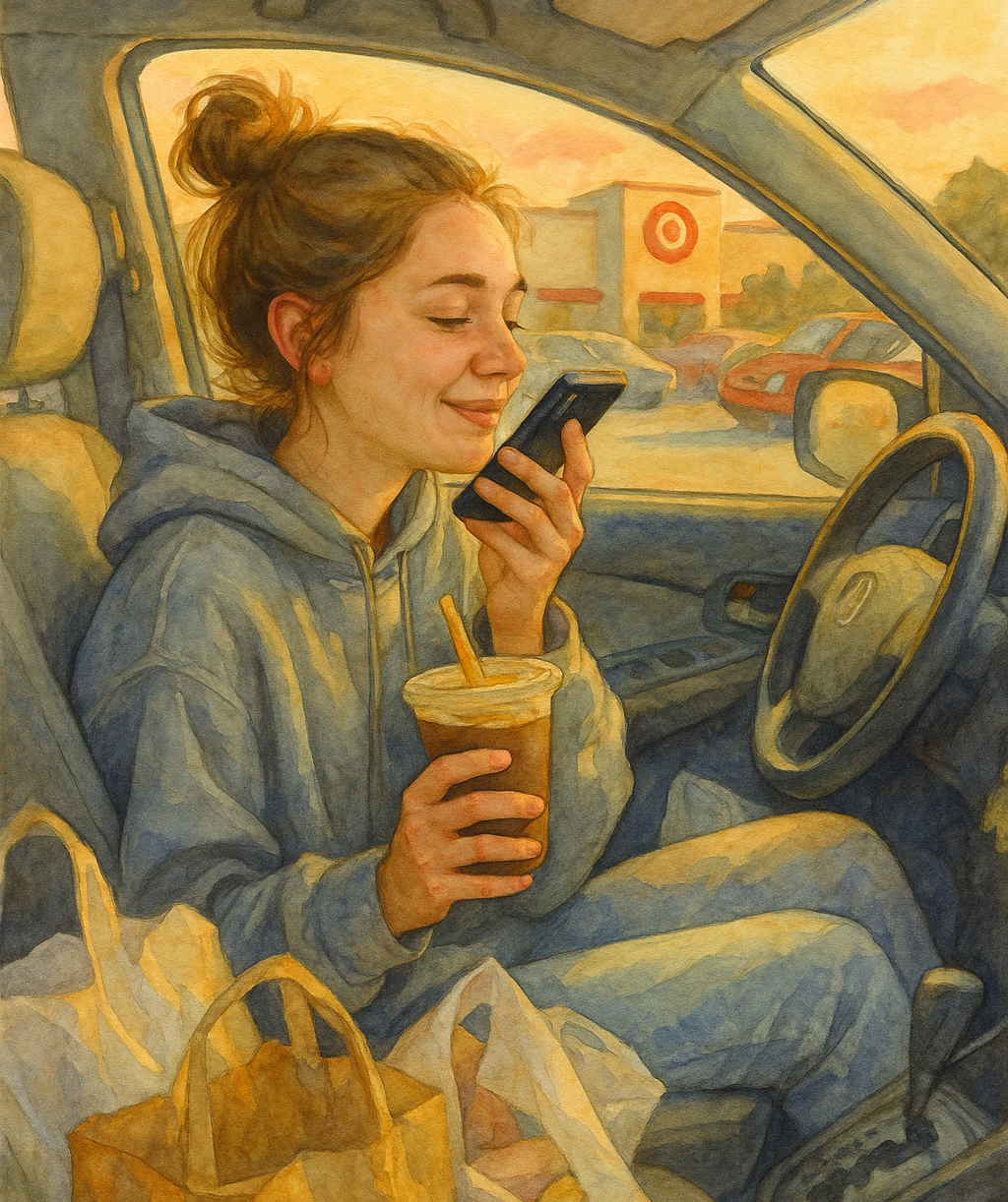 Woman in car with coffee speaking into phone