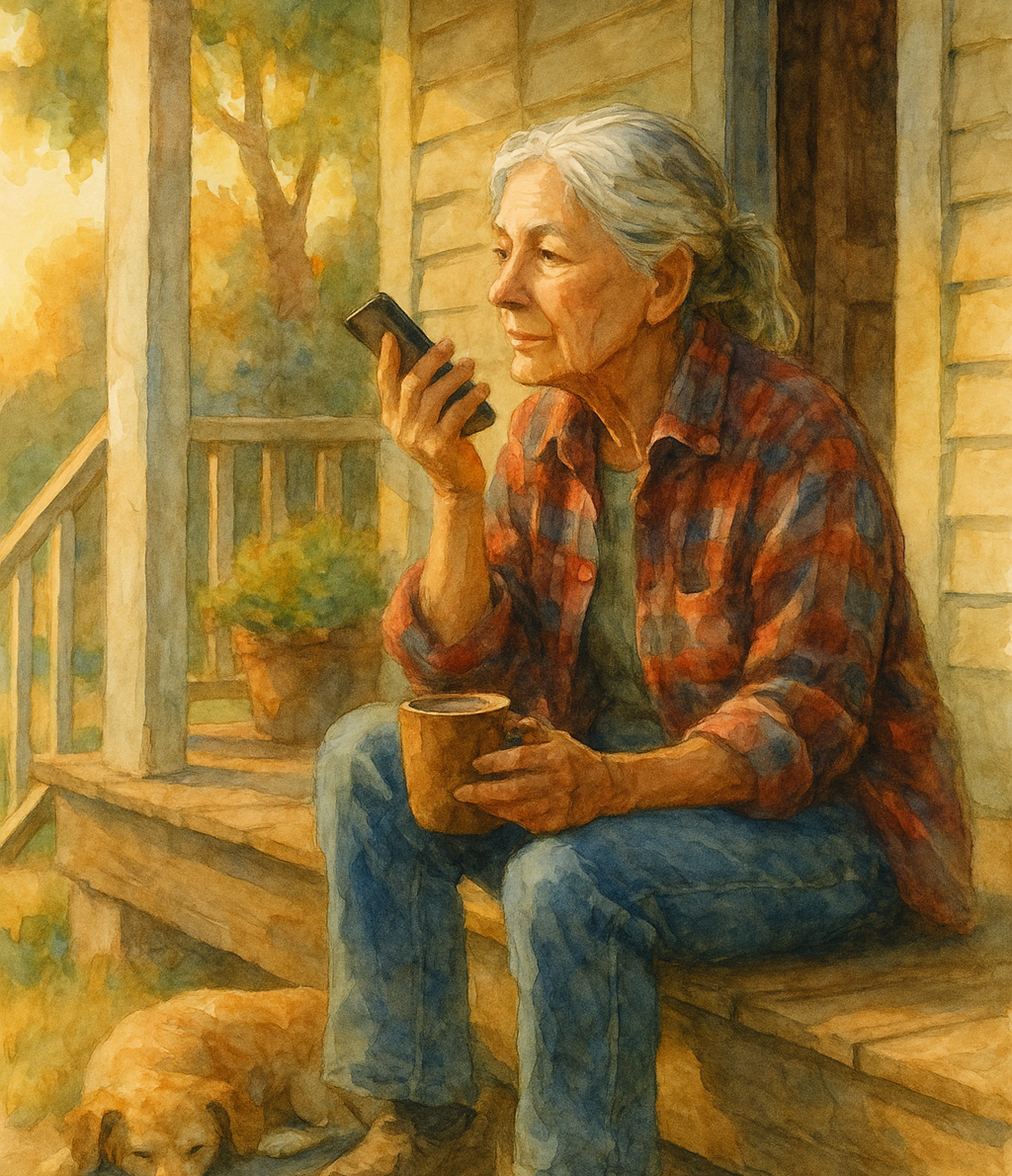 Older woman on porch with coffee and phone