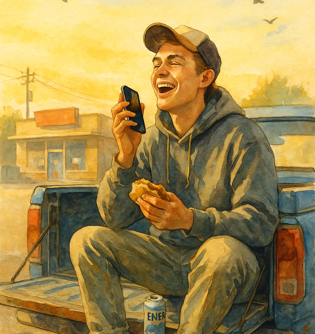 Young man on tailgate eating and laughing on phone