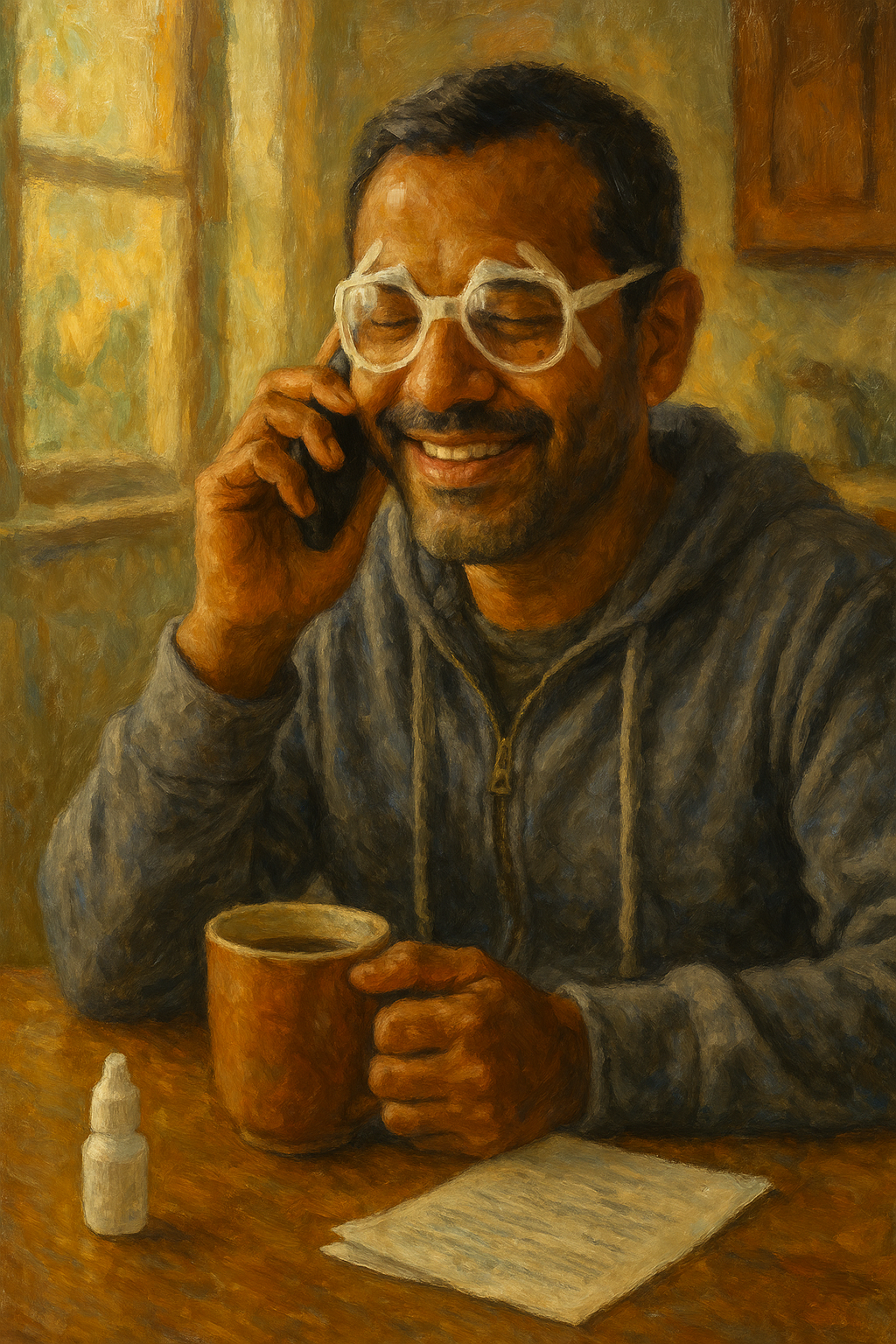 Man with glasses at home on phone with coffee