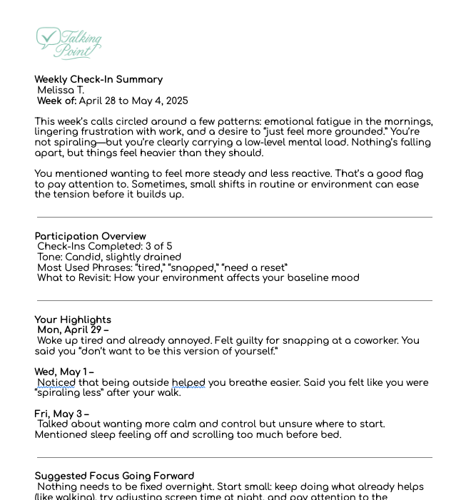 TalkingPoint Weekly Personal Summary showing thought patterns and insights